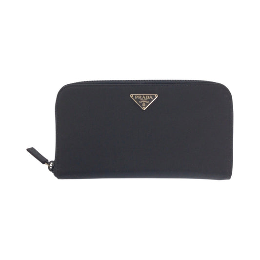 PRADA Long Wallet Purse Nylon Black Silver Testo Saffiano Triangle With logo