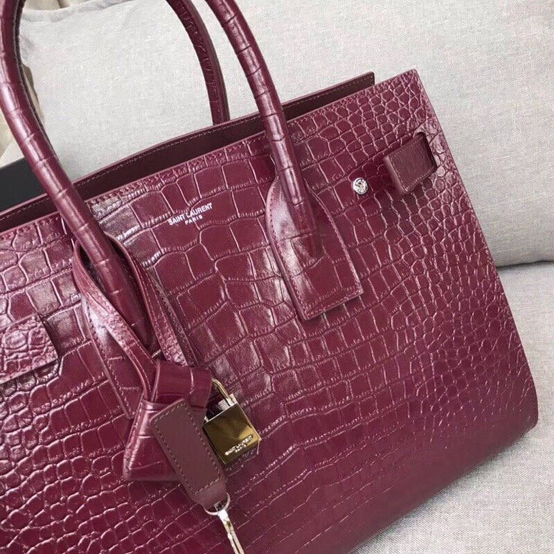 Yves Saint Laurent Sac De Jour Small In Embossed Crocodile Burgundy Luxury Handbag