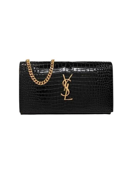 Luxury Saint Laurent Trending 2026 Cassandre Chain Crocodile Embossing Leather Long Wallet Black