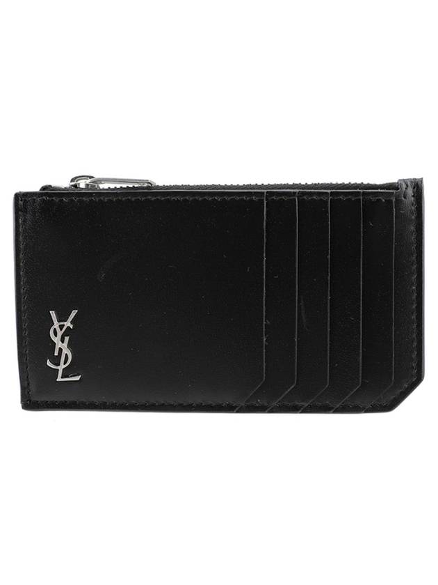 Luxury Saint Laurent Trending 2026 Tiny Cassandre Fragments Silver Hardware Leather Zipper Card Wallet Black