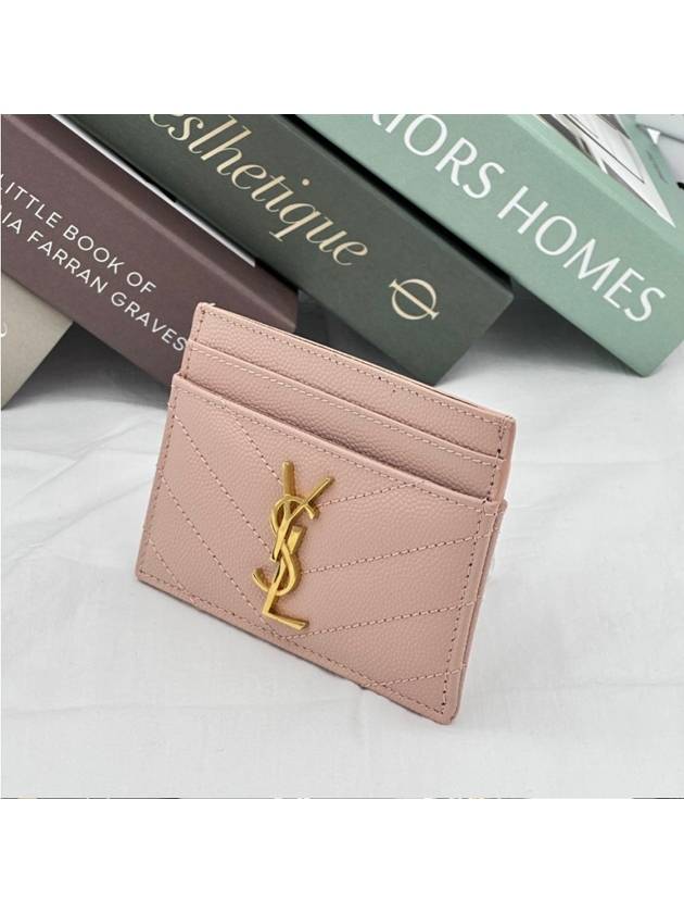 Luxury Saint Laurent Trending 2026 Gold Hardware Matelasse Caviar Leather Card Wallet Pale Pink