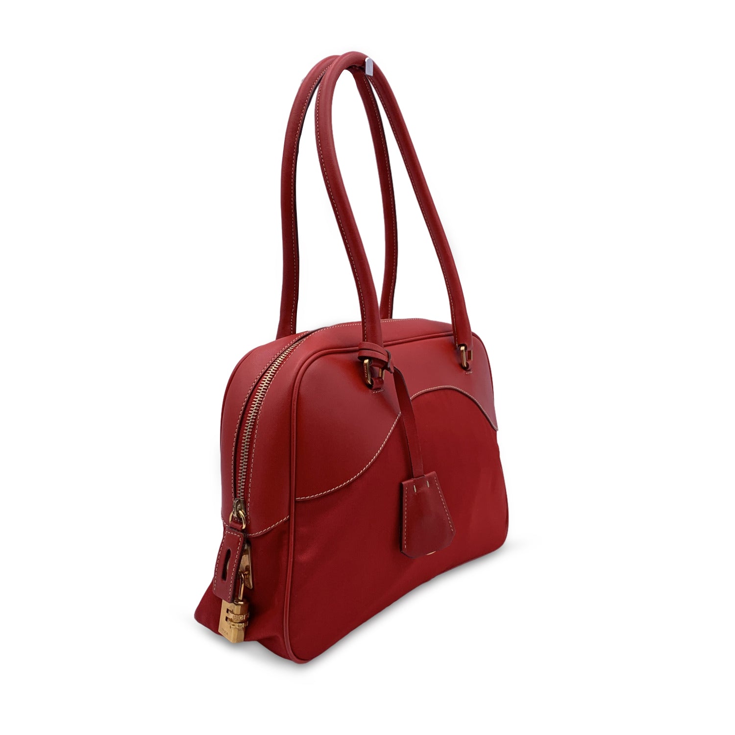 Prada Red Tessuto Travel Canvas And Leather Bowling Bag