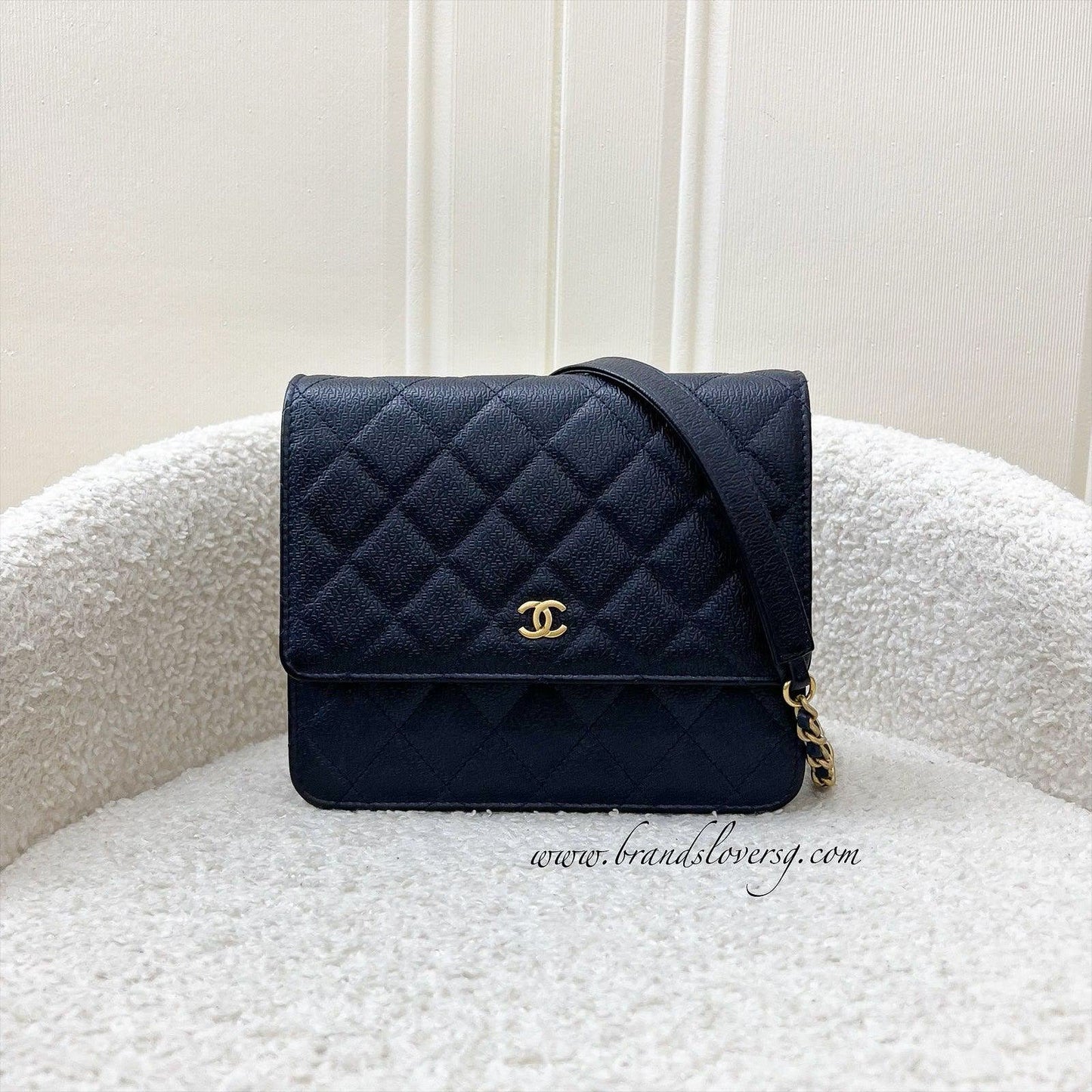 Chanel Square Wallet on Chain WOC in Navy Embossed Calfskin and AGHW (Model: A84310) Crossbody