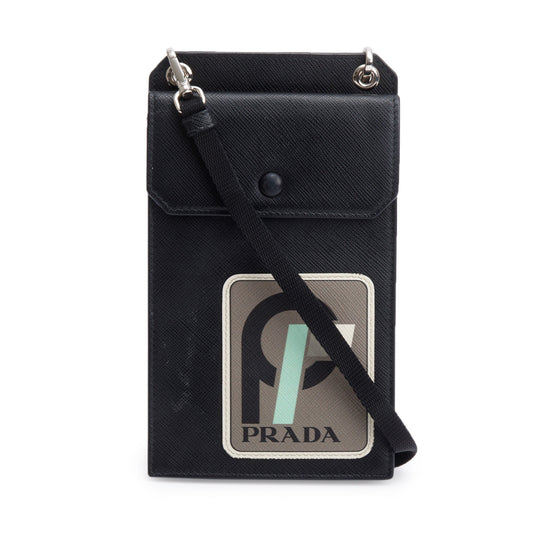 Prada Black Saffiano Lux Leather Racing Logo Patch Phone Pouch Crossbody Bag
