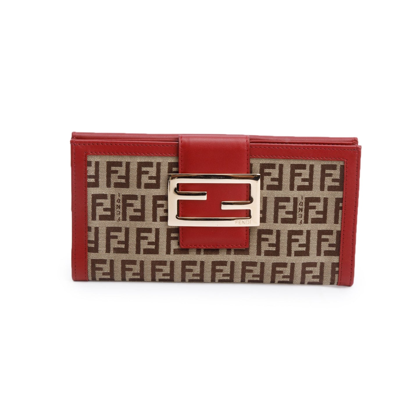 Fendi Red Leather Trim FF Zucca Canvas Continental Wallet