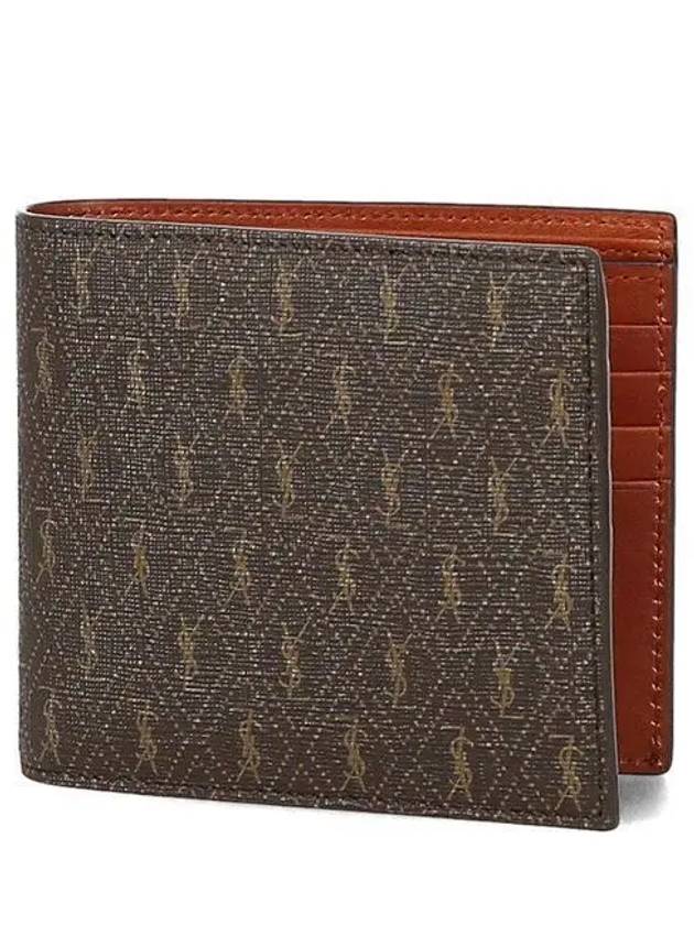 Luxury Saint Laurent Trending 2026 Men’s Monogram Canvas and Smooth Leather Half Wallet Chestnut