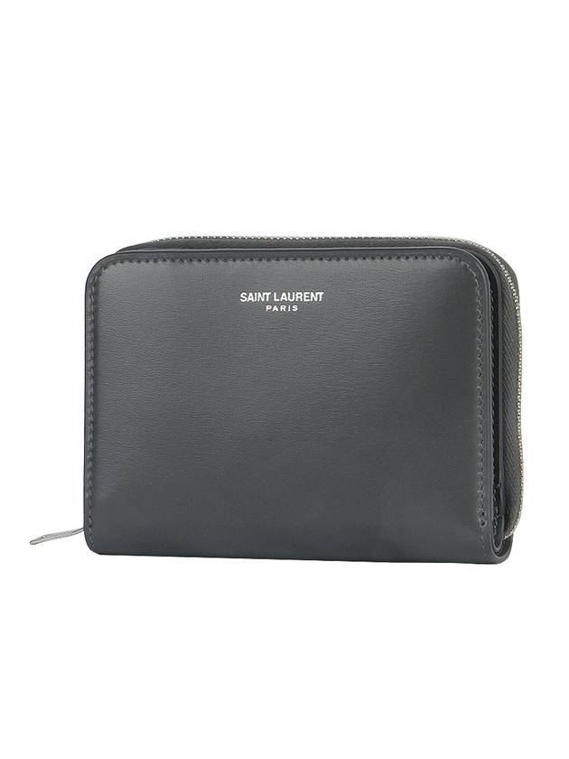 Luxury Saint Laurent Trending 2026 Women's Logo Zipper Compact Calfskin Half Wallet Grey
