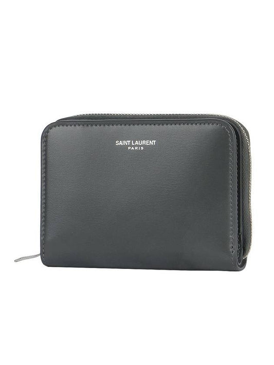 Luxury Saint Laurent Trending 2026 Women's Logo Zipper Compact Calfskin Half Wallet Grey