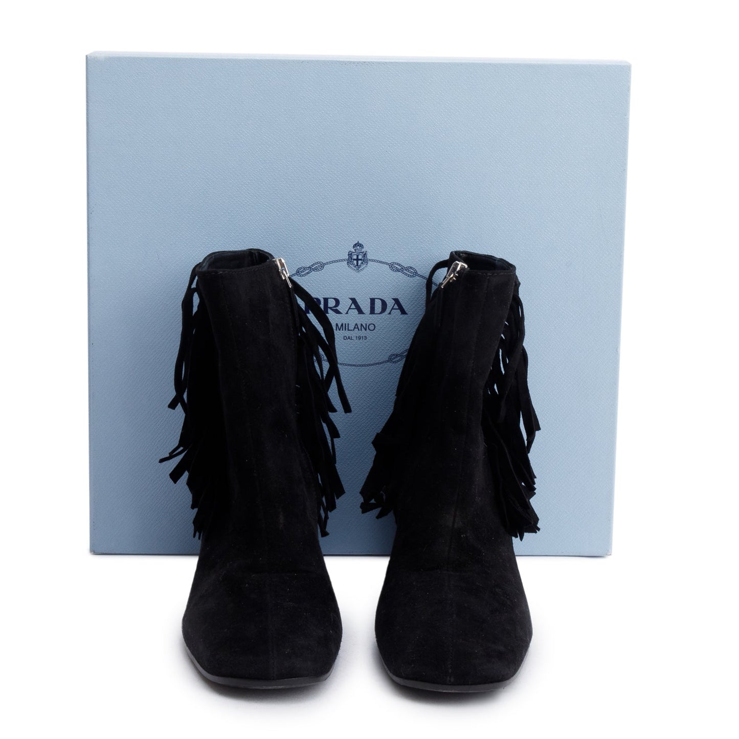 Prada Black Suede Fringe Ankle Boots, Size 38
