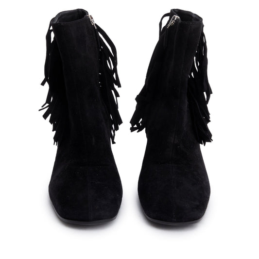 Prada Black Suede Fringe Ankle Boots, Size 38