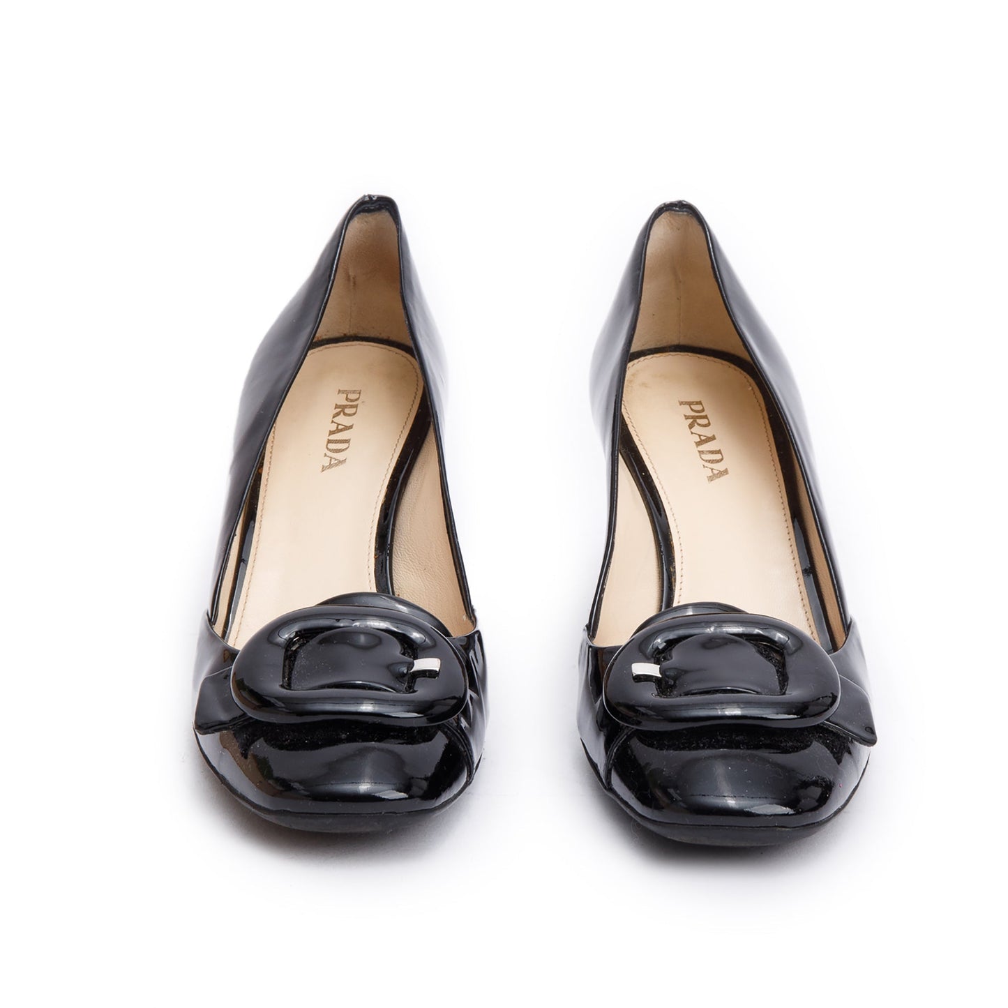 Prada Black Vernis Leather Buckle Accent Pump Shoes, Size 39