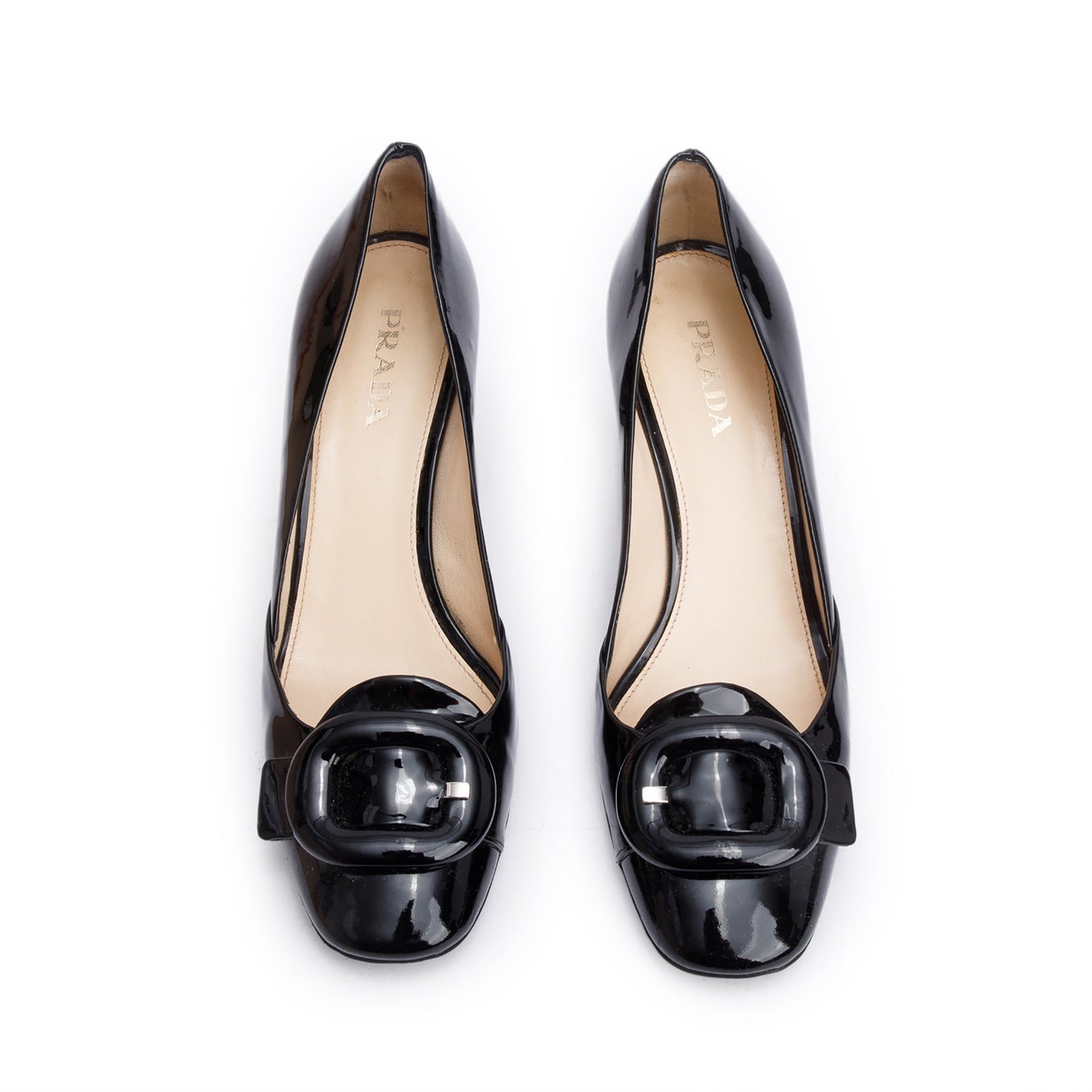 Prada Black Vernis Leather Buckle Accent Pump Shoes, Size 39