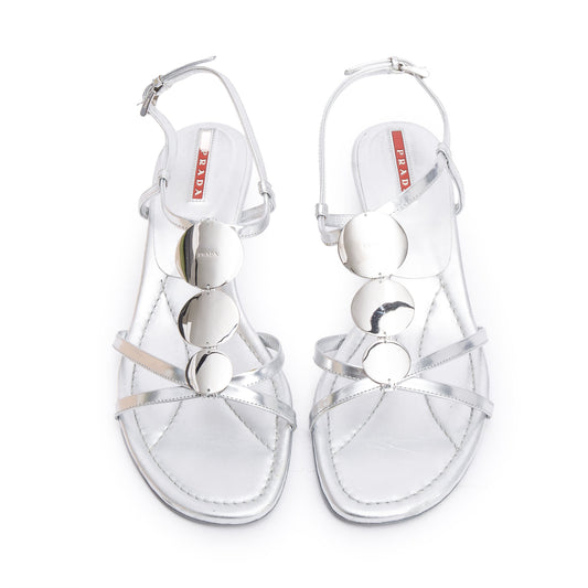 Prada Silver Patent Leather Sling Back Sandals, Size 39