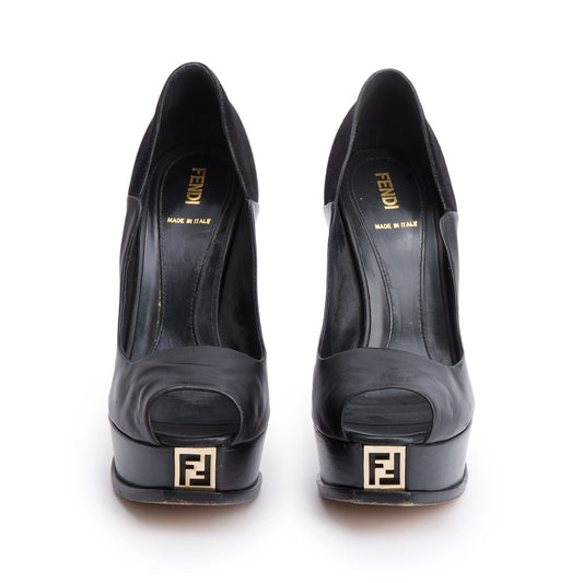 Fendi Black Leather FF Platform Peep-Toe Pumps, Size 38