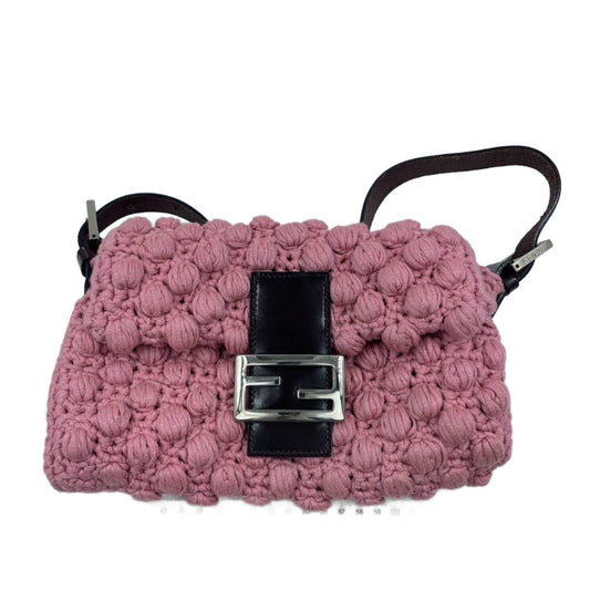 Fendi Baguette Bag Pink Crochet Knit Wool Pompom Shoulder Bag