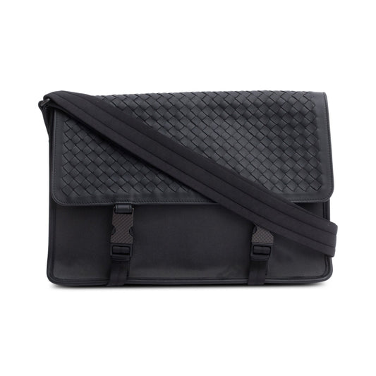 Bottega Veneta Black Intrecciato Leather Canvas Flap Messenger Bag