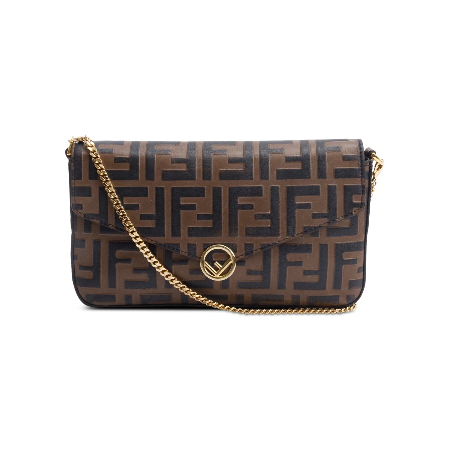 Fendi Brown FF Embossed Leather F is Fendi Envelope Wallet on Chain