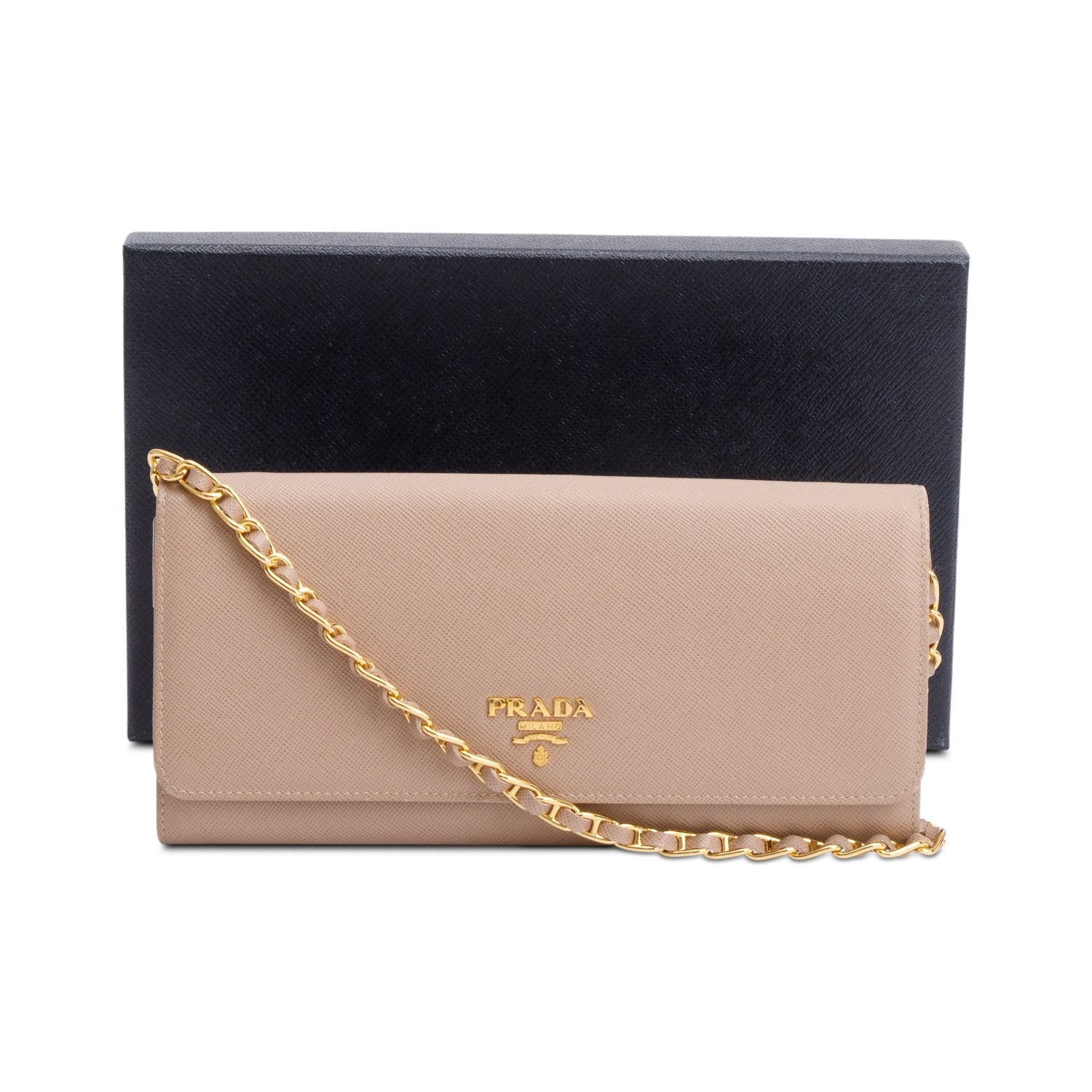 Prada Beige Saffiano Metal Continental Wallet on Chain