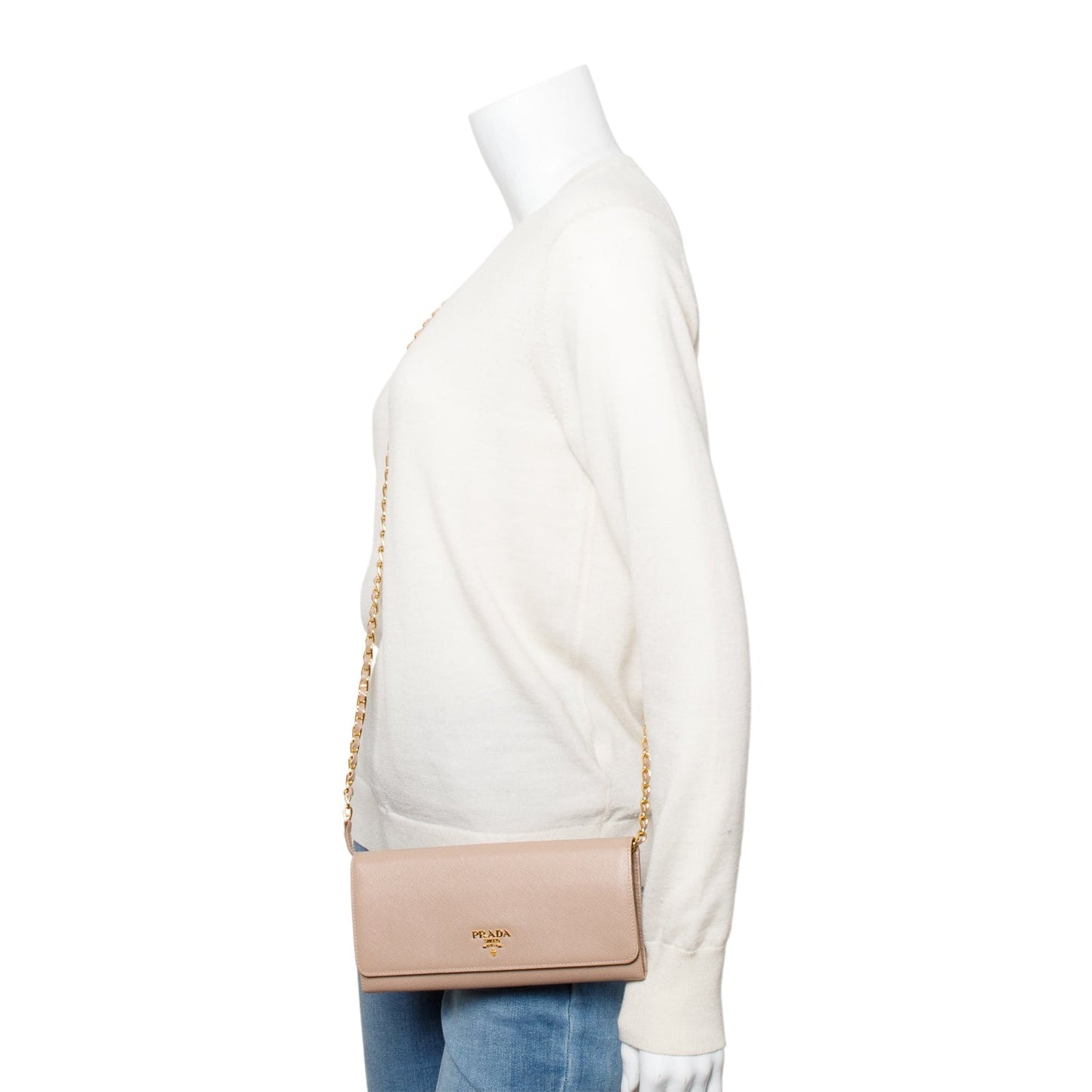 Prada Beige Saffiano Metal Continental Wallet on Chain