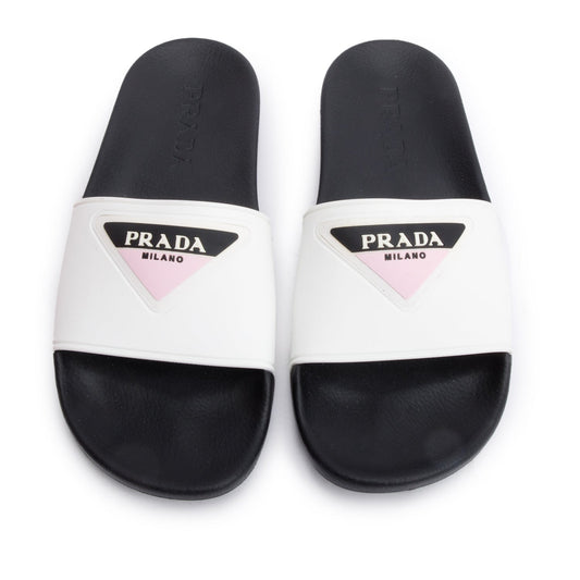 Prada Black/White Graphic Print Rubber Slide Sandals, Size 36