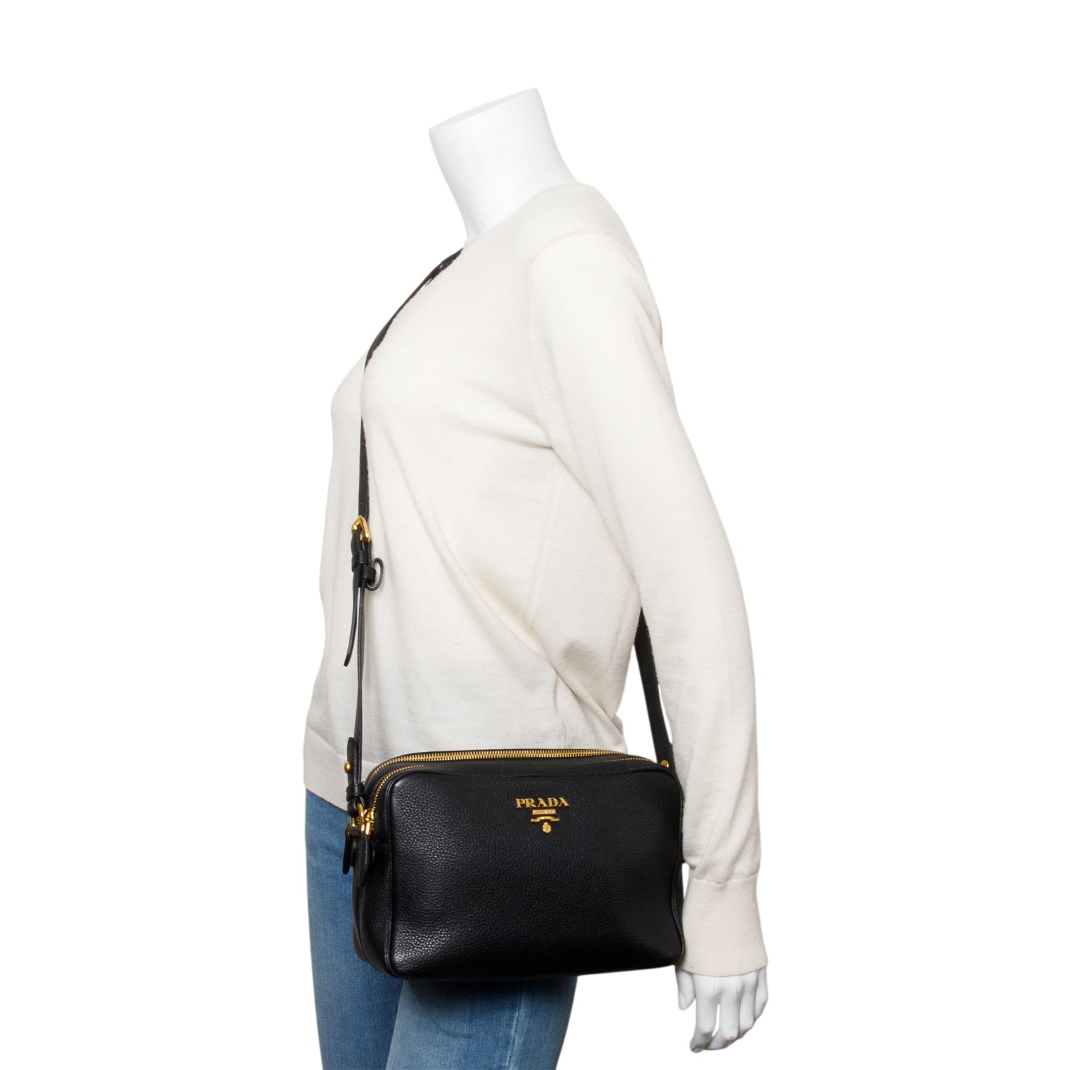 Prada Black Vitello Daino Leather Double Zip Camera Crossbody Bag