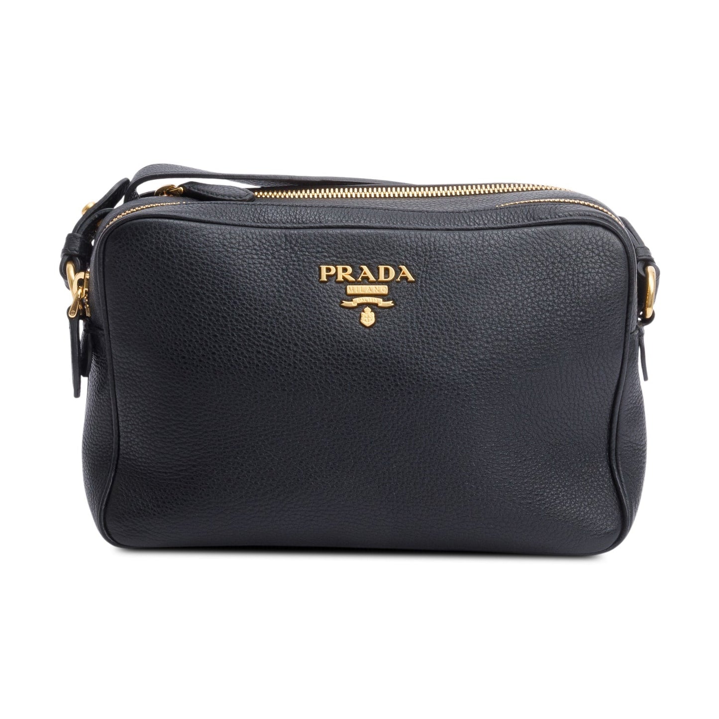 Prada Black Vitello Daino Leather Double Zip Camera Crossbody Bag