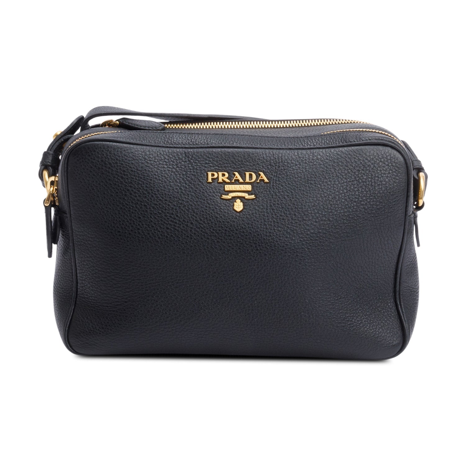 Prada Black Vitello Daino Leather Double Zip Camera Crossbody Bag