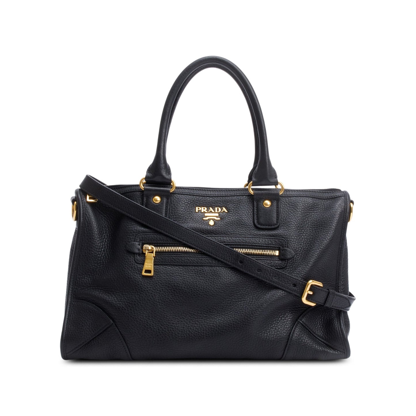 Prada Black Vitello Daino Leather Zip Convertible Tote