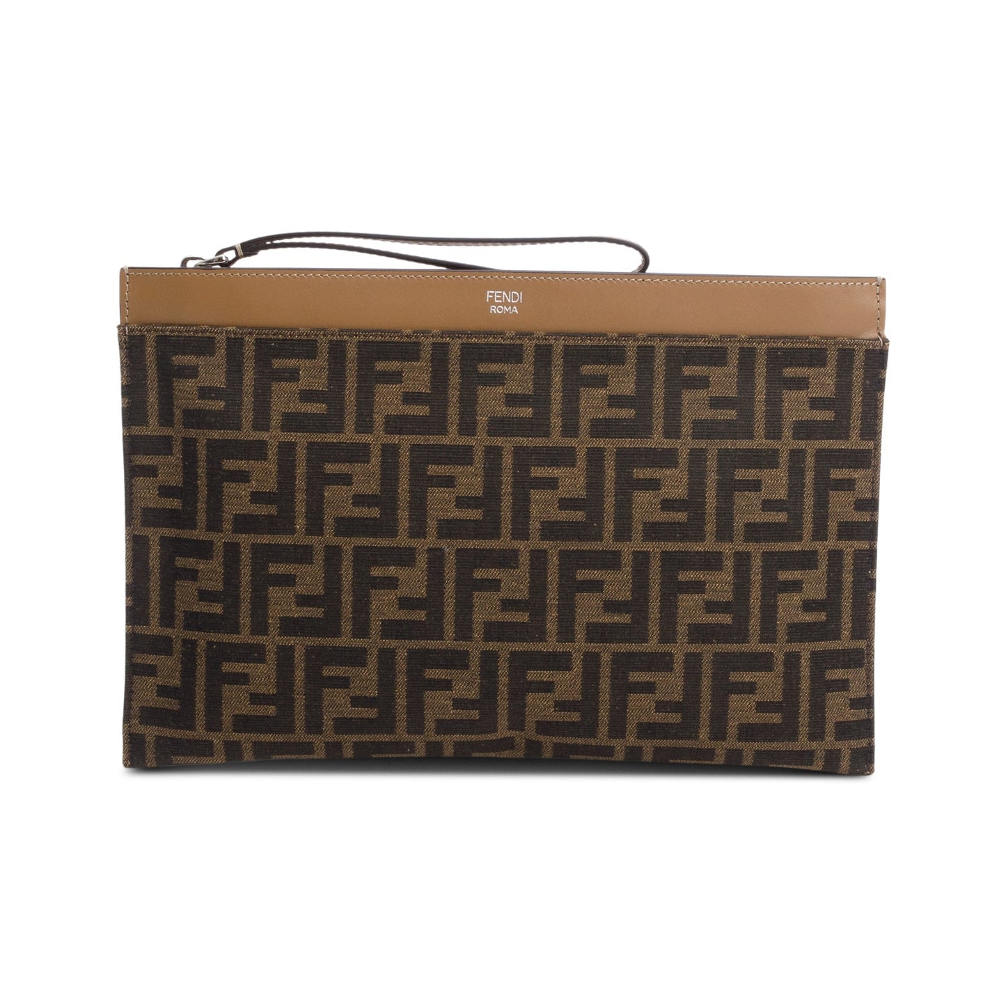 Fendi Brown FF Zucca Canvas Beige Leather Large Flat Pouch