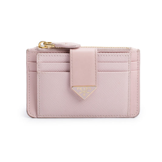 Prada Pink Saffiano Leather Triangle Logo Zip Card Holder