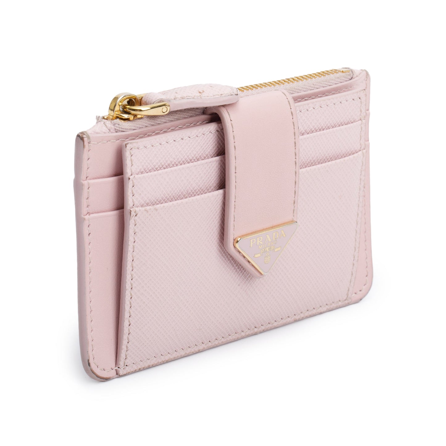 Prada Pink Saffiano Leather Triangle Logo Zip Card Holder