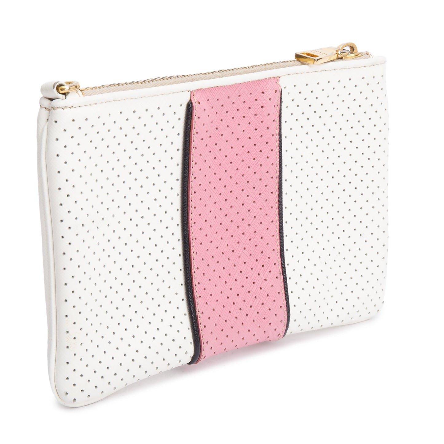 Prada White/Pink Saffiano Cuir Perforated Clutch