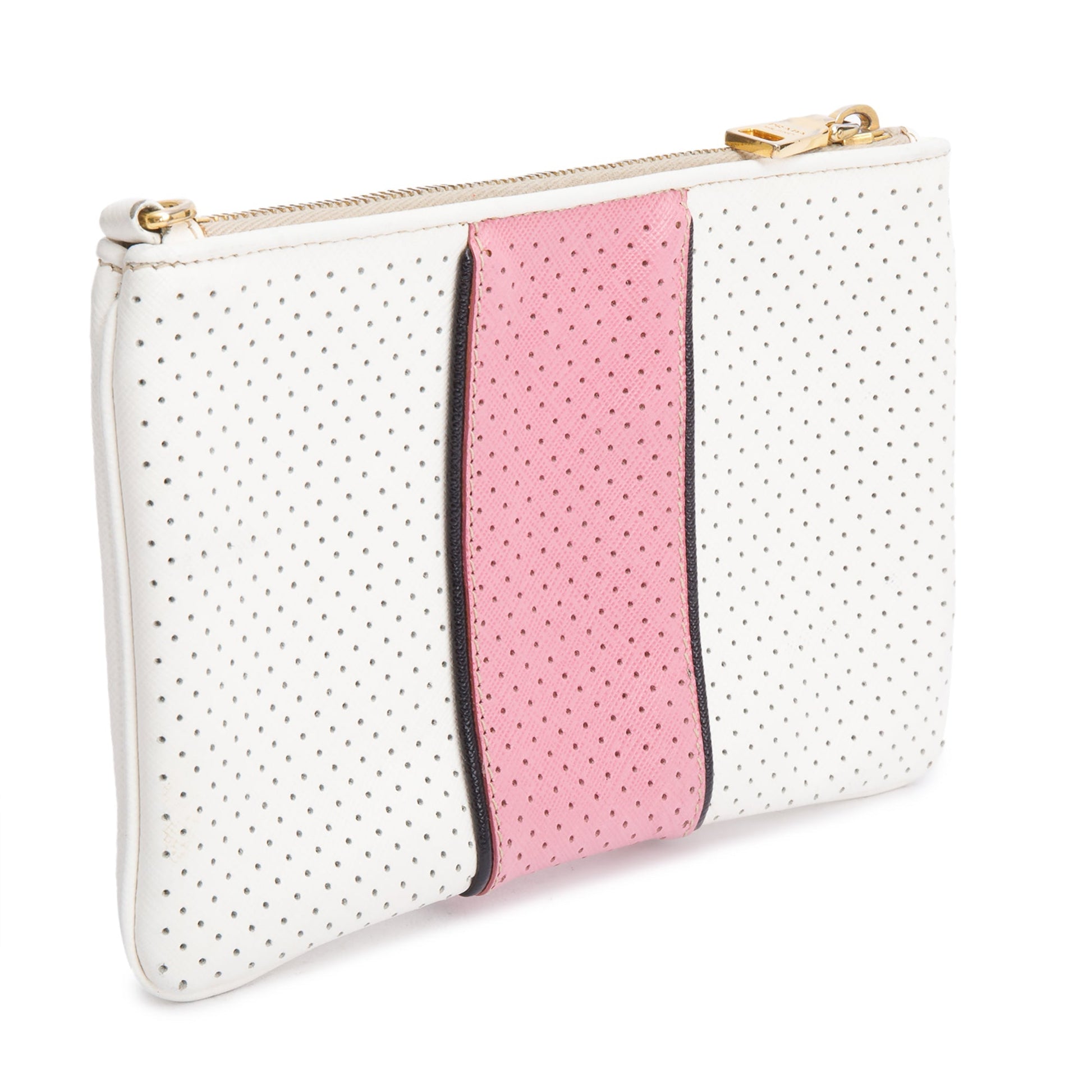 Prada White/Pink Saffiano Cuir Perforated Clutch