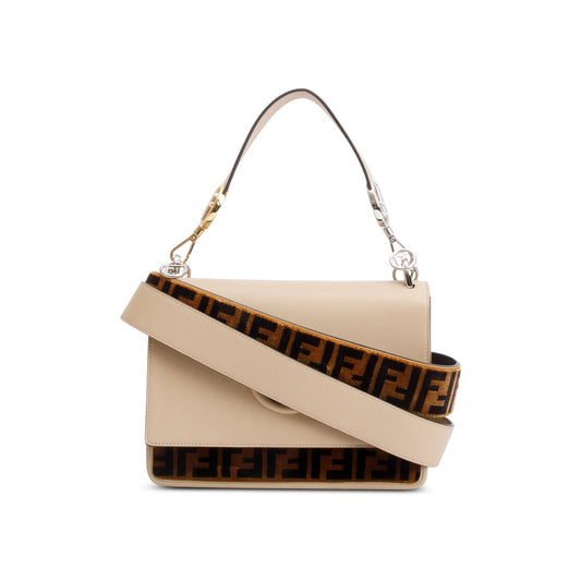 Fendi Beige Calfskin Leather FF Zucca Velvet Medium F is Fendi Kan I Shoulder Bag