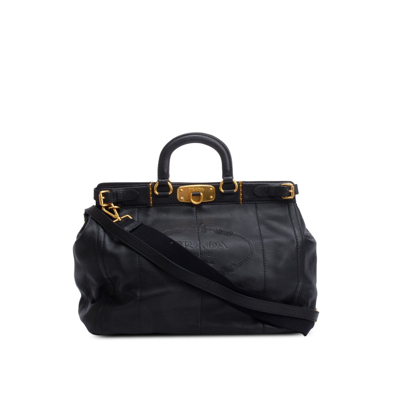 Prada Black Vitello Daino Leather Borsa Carniera Logo Frame Tote