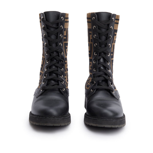 Fendi Brown FF Knit Black Leather Rockoko Combat Boots, Size 39.5