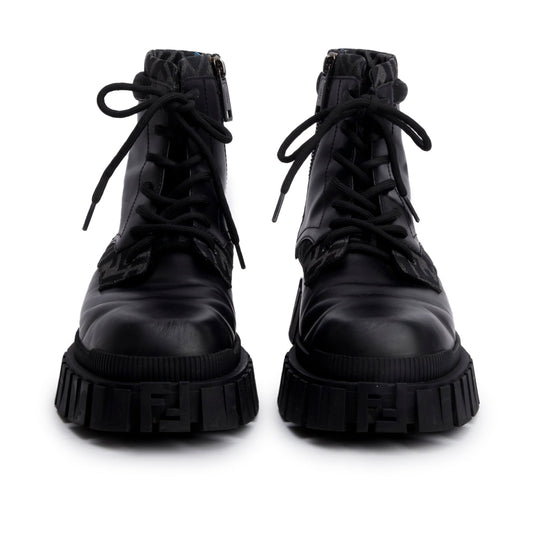 Fendi Black FF Canvas Black Leather Force Combat Boots, Men's Size 10
