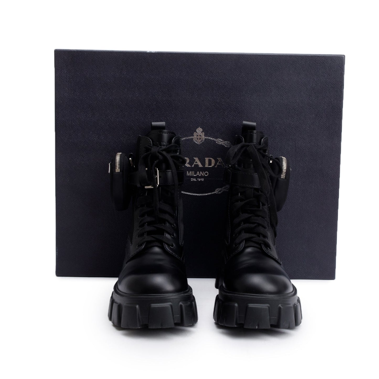 Prada Black Monolith Leather and Re-Nylon Boots with Pouch, Men’s Size 8.5