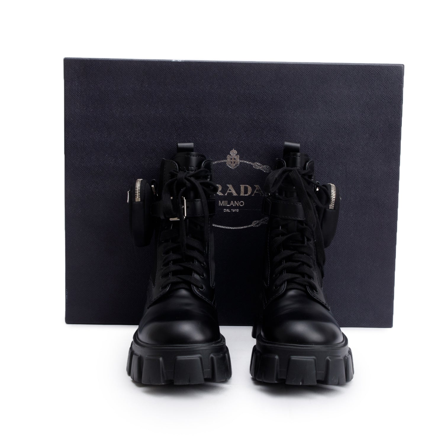Prada Black Monolith Leather and Re-Nylon Boots with Pouch, Men’s Size 8.5