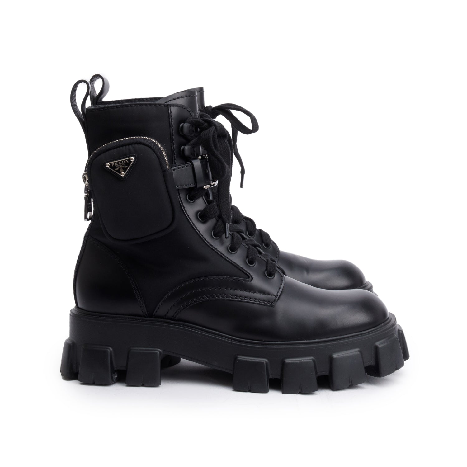 Prada Black Monolith Leather and Re-Nylon Boots with Pouch, Men’s Size 8.5
