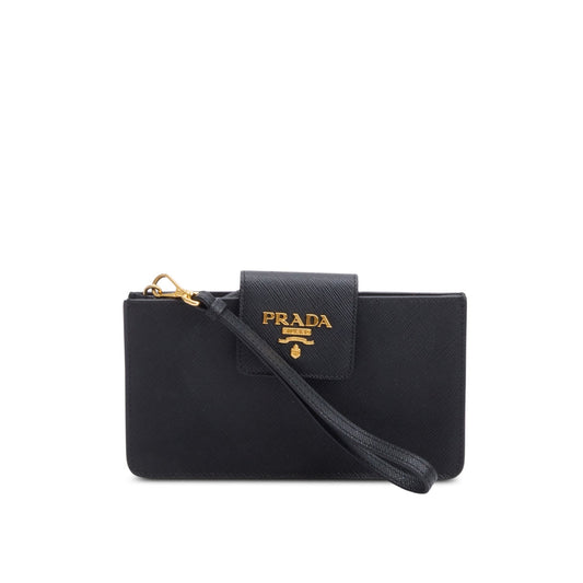 Prada Black Saffiano Metal Leather Wristlet Wallet