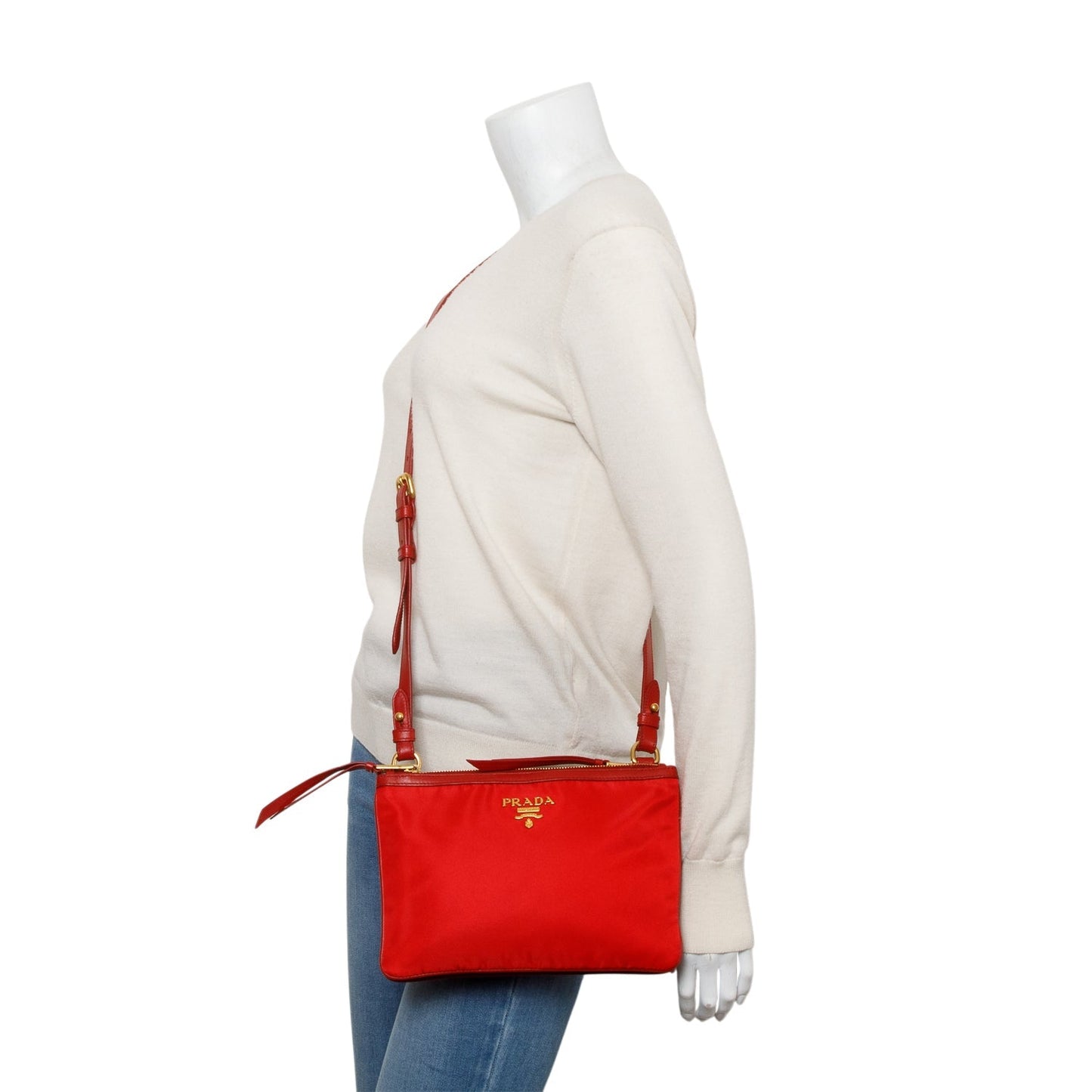 Prada Red Soft Calf Leather Tessuto Nylon Small Double Zip Crossbody Bag