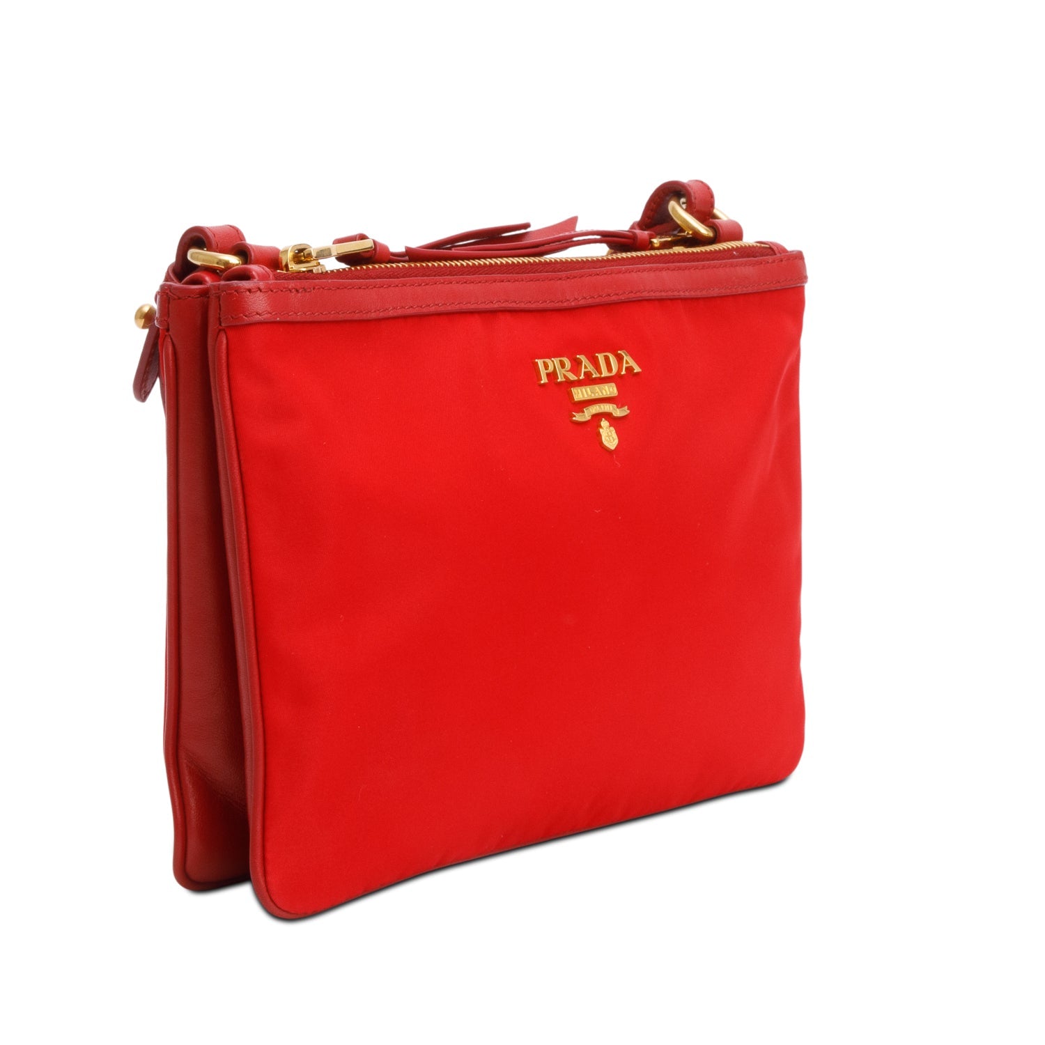 Prada Red Soft Calf Leather Tessuto Nylon Small Double Zip Crossbody Bag