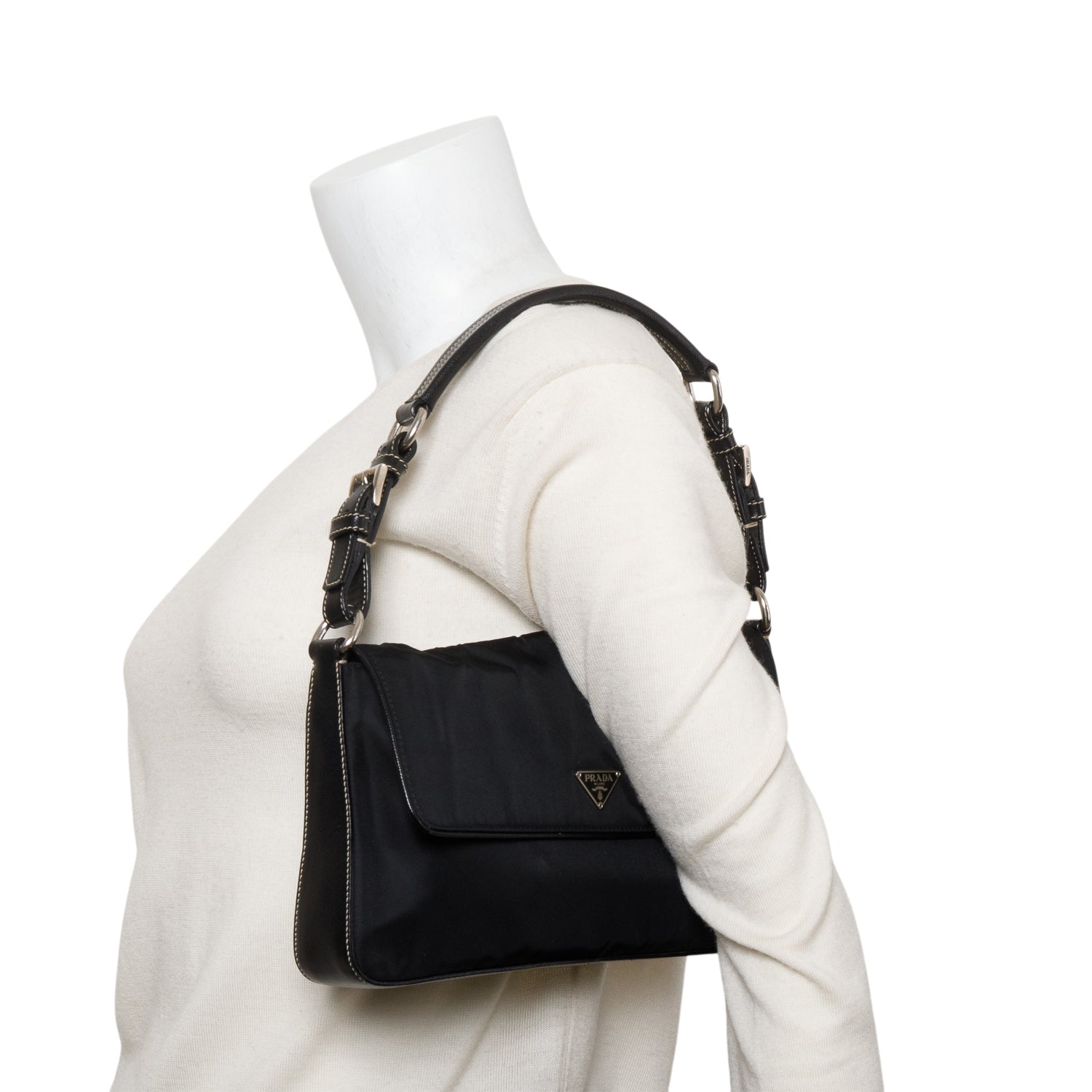 Prada Black Saffiano-Trimmed Tessuto Nylon Flap Shoulder Bag