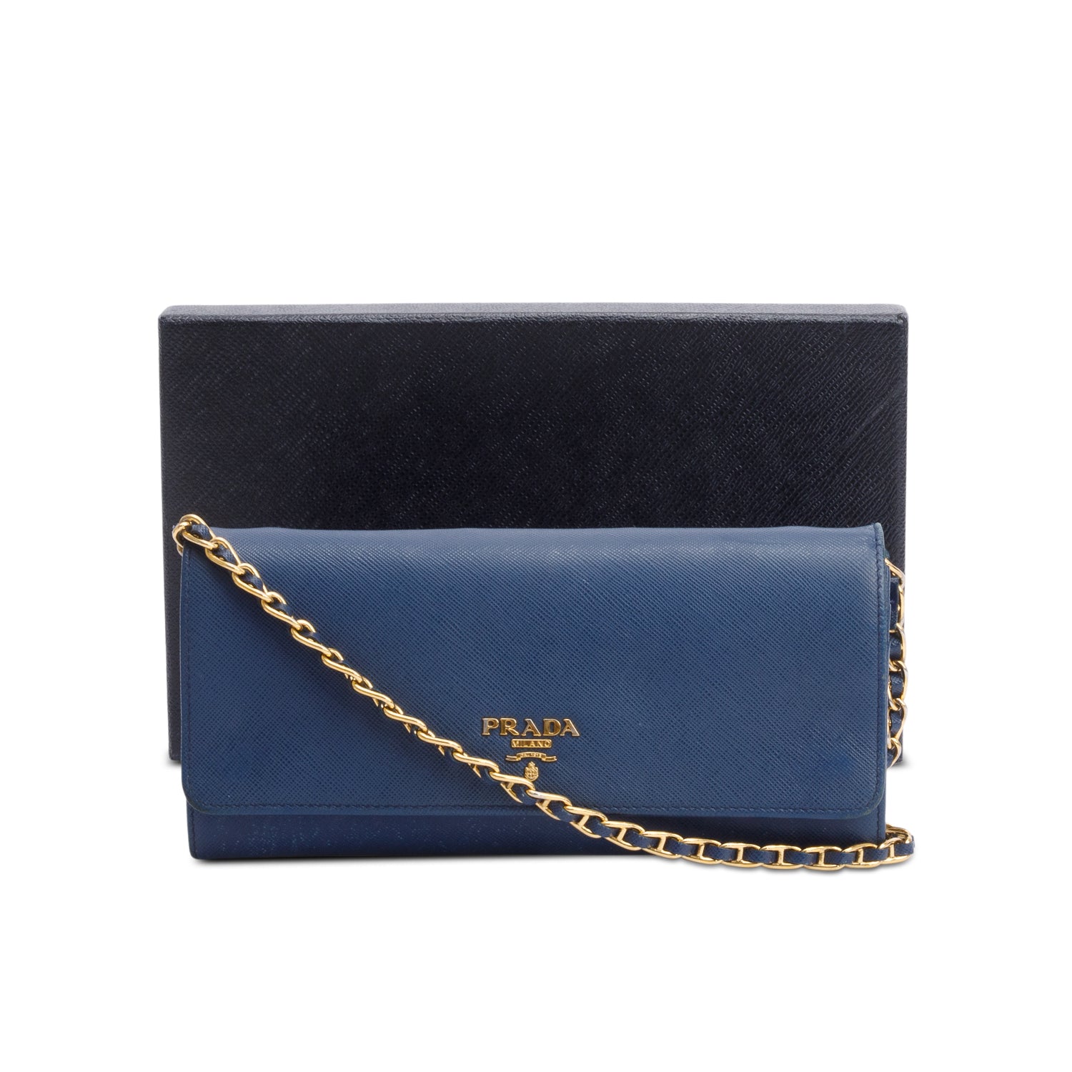 Prada Blue Saffiano Metal Continental Wallet on Chain