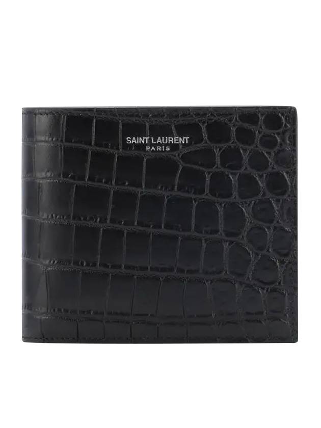 Luxury Saint Laurent Trending 2026 Crocodile Pattern Half Wallet Black