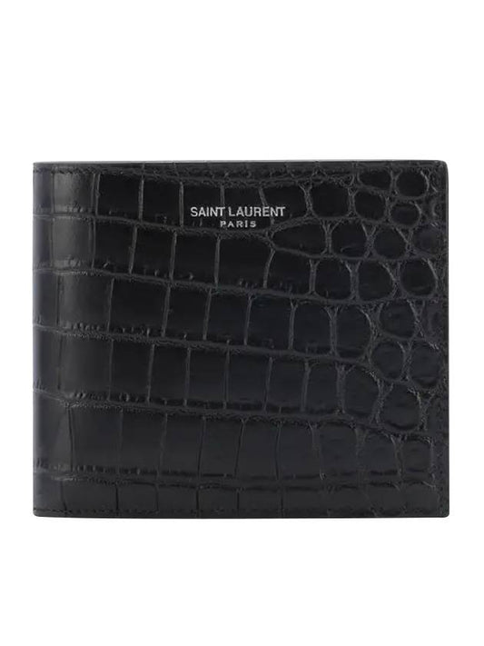 Luxury Saint Laurent Trending 2026 Crocodile Pattern Half Wallet Black
