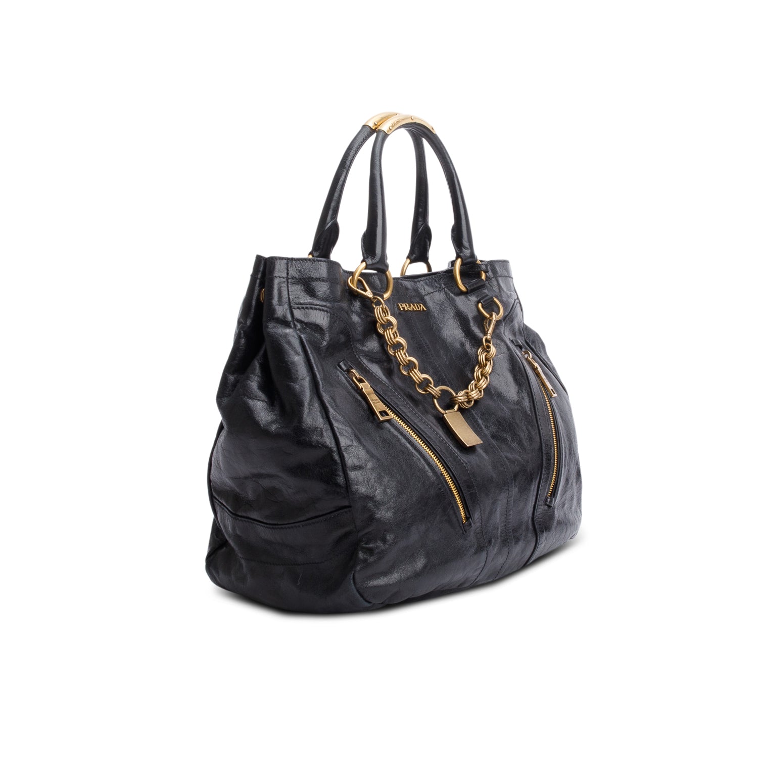 Prada Black Vitello Shine Chain Hobo