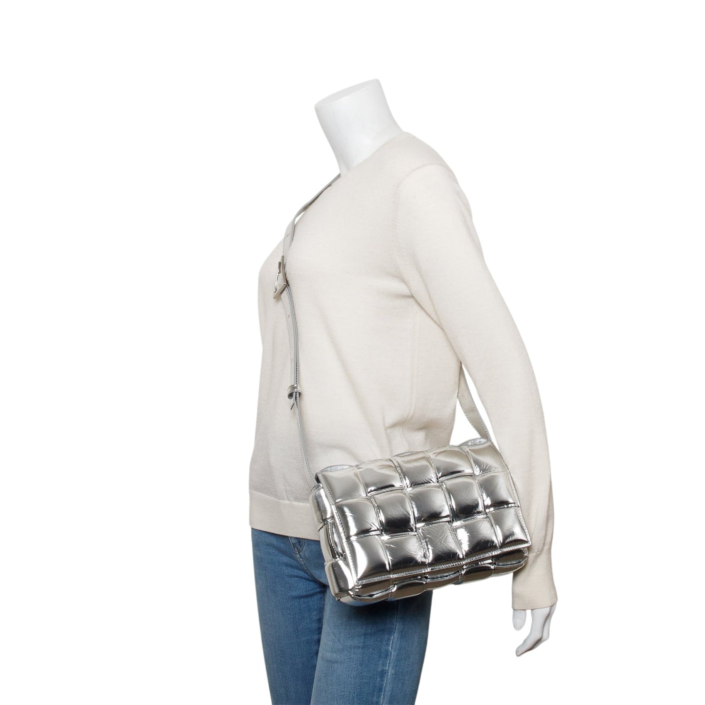 Bottega Veneta Silver Metallic Nappa Intrecciato Padded Chain Cassette Bag