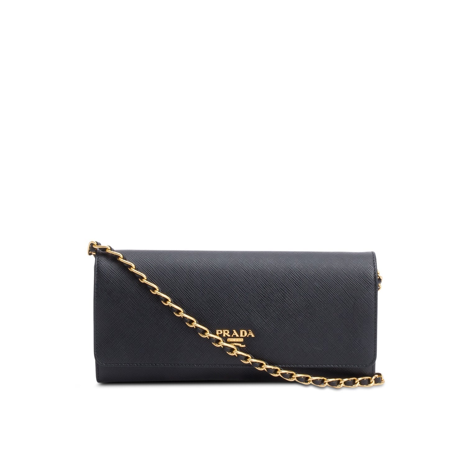 Prada Black Saffiano Metal Continental Wallet on Chain